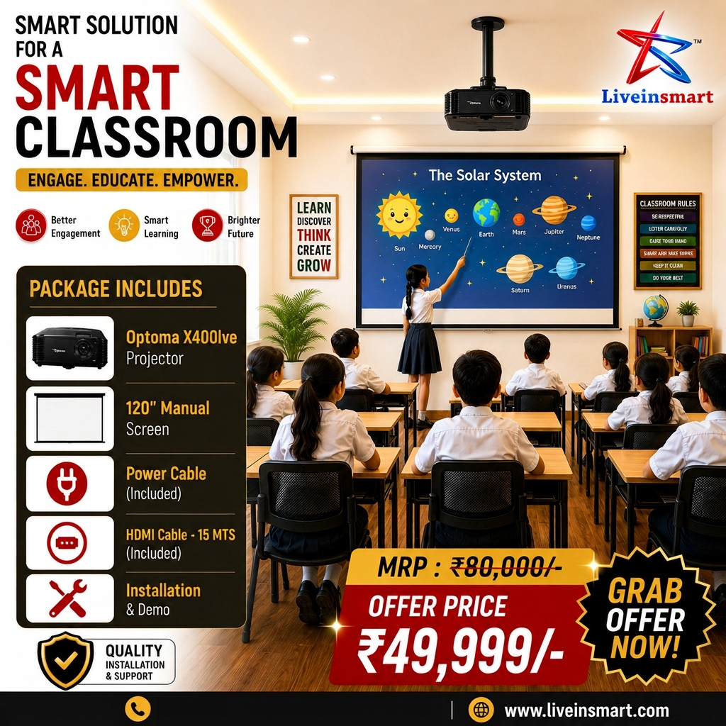 Smart Classroom Package by LiveInSmart — Optoma X400LVe projector with 120-inch screen installed in a modern classroom, MRP ₹80,000 offer price ₹49,999