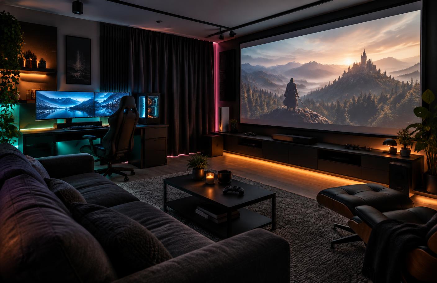 Compact gaming room with projector, console, PC desk, blackout curtains and ambient lighting