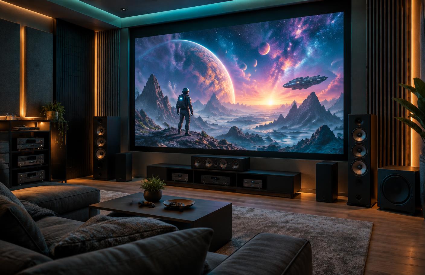 Premium gaming room with a large projection screen, surround speakers and acoustic wall treatment