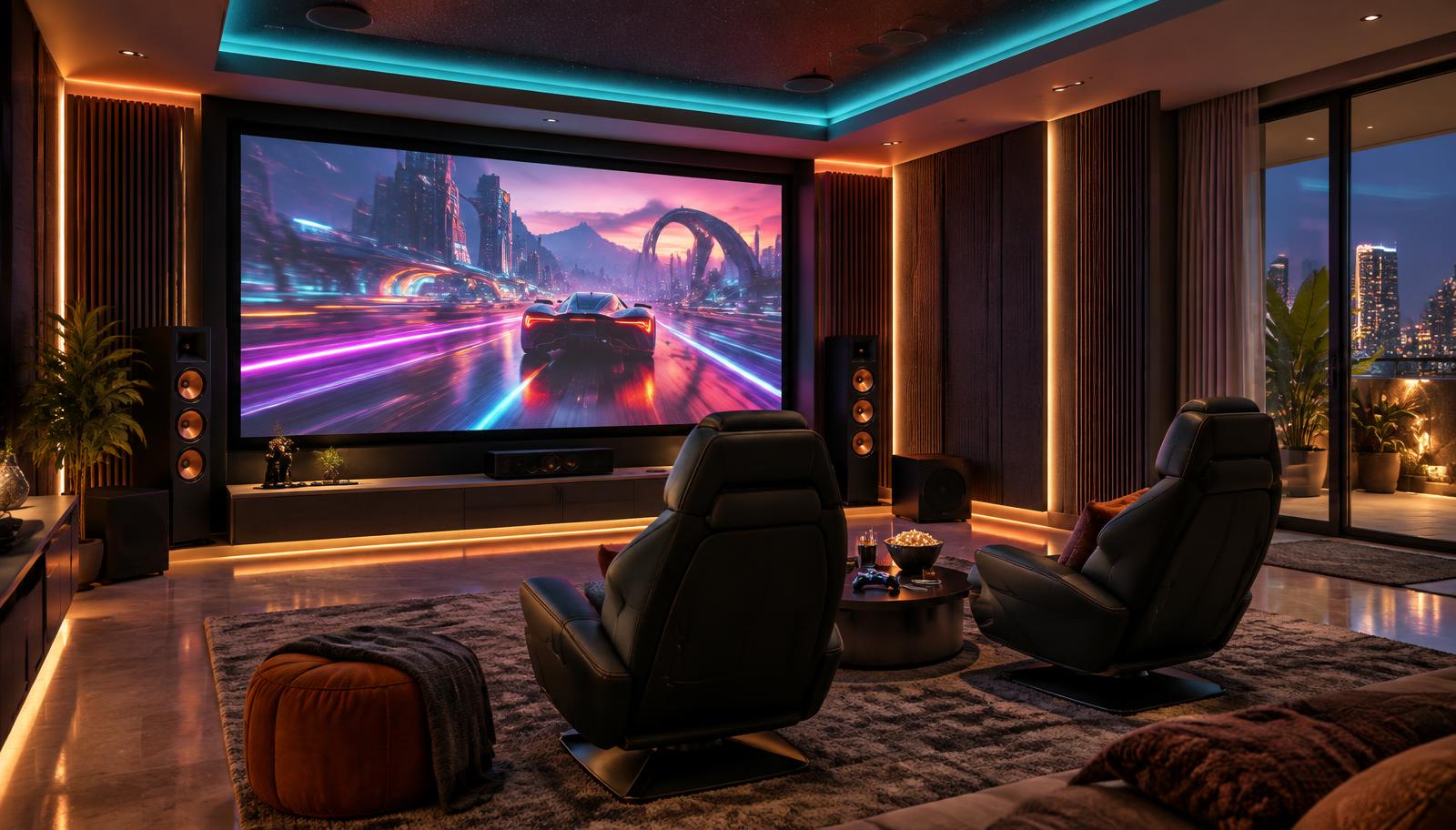 Console game displayed on a large projection screen in a darkened gaming room