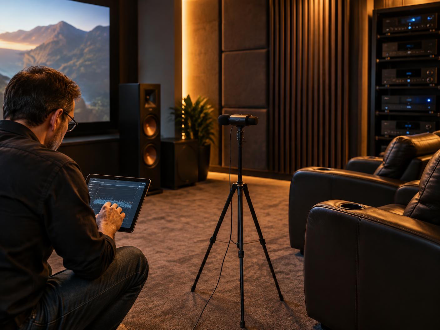 Engineer calibrating a home theatre with a measurement microphone at the main seat