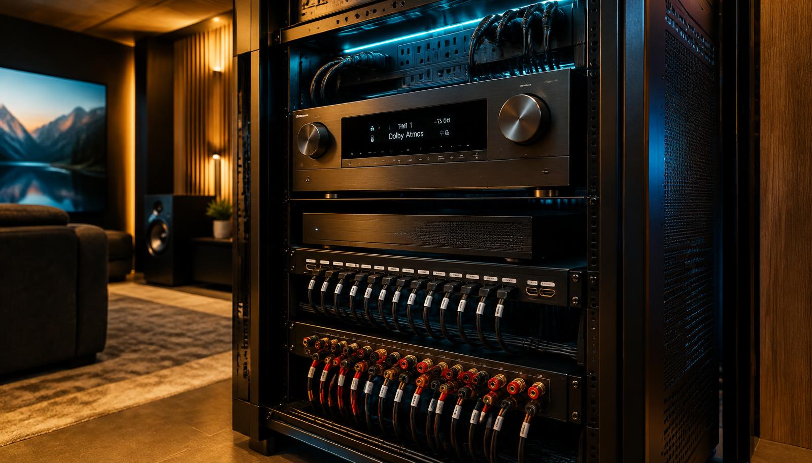 Ventilated home theatre equipment rack with AV receiver, HDMI connections and labelled speaker wiring