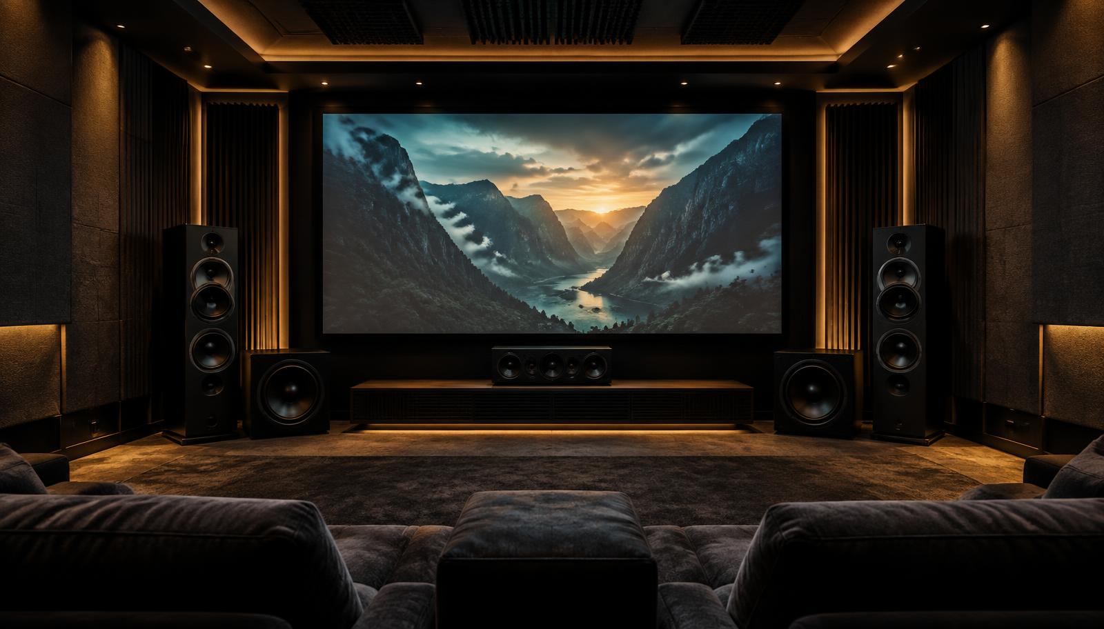 Dedicated home theatre room planned before interiors with front speakers, subwoofers and acoustic wall treatment