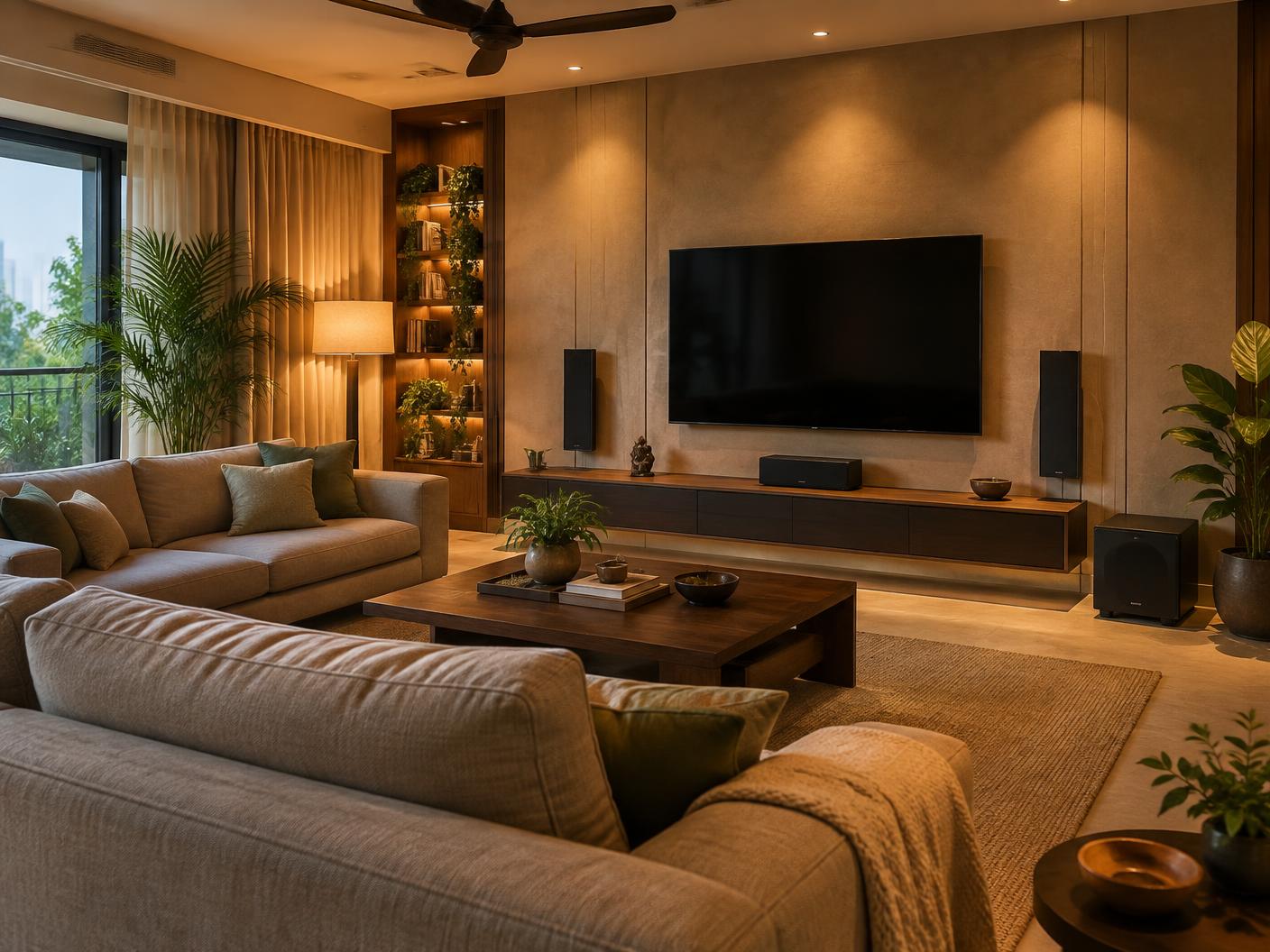 Living room home theatre with concealed wiring and discreet surround speakers