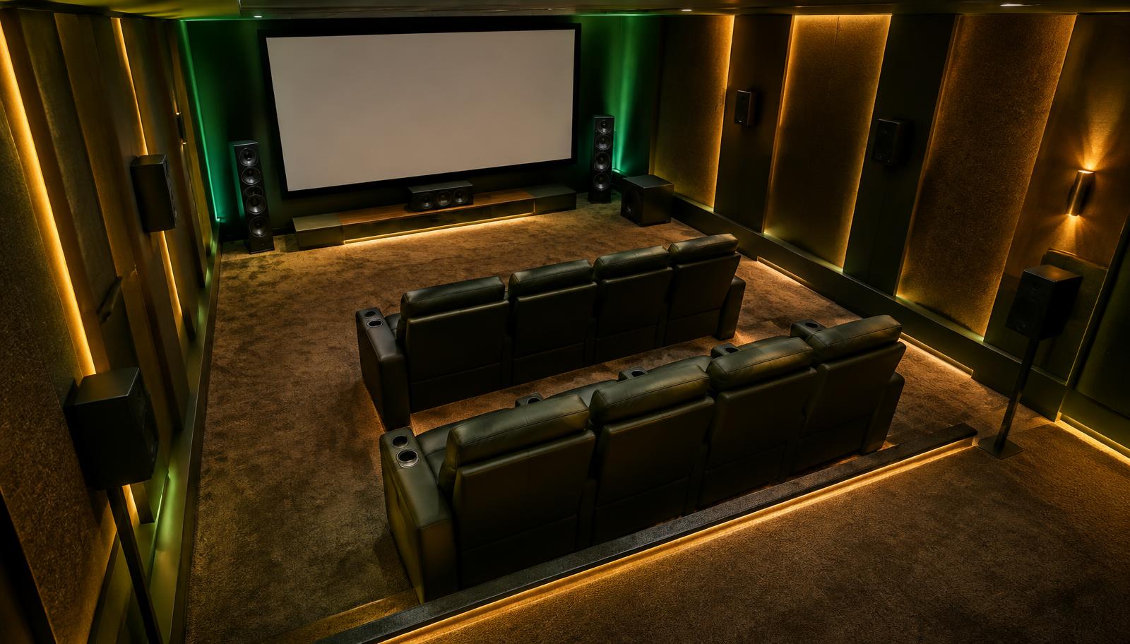 Home theatre room layout showing seating, screen wall and surround speaker positions planned before interior finishing