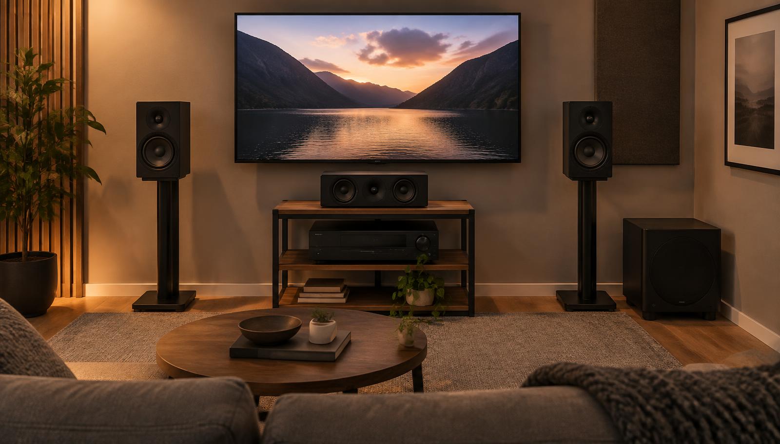 Compact media room with bookshelf speakers on stands, centre channel, subwoofer and AV receiver