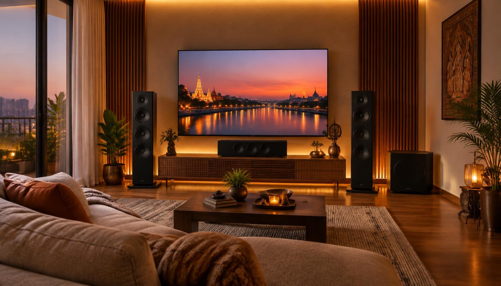 Living-room home theatre with floorstanding front speakers, centre channel and subwoofer