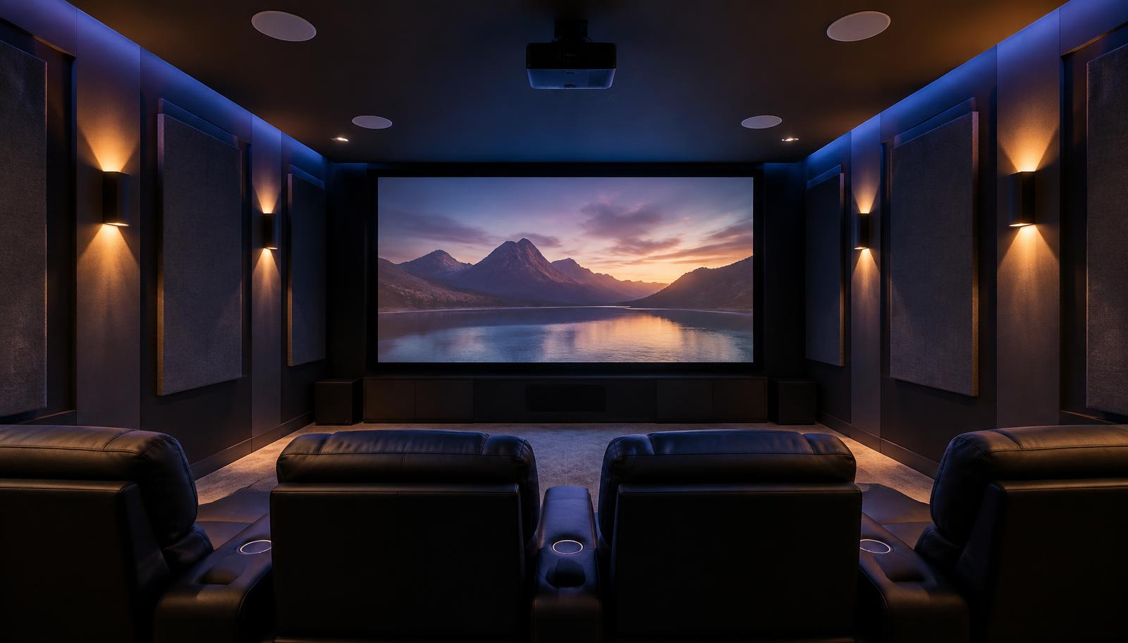 Dedicated home cinema with four flush ceiling speakers and acoustic wall panels
