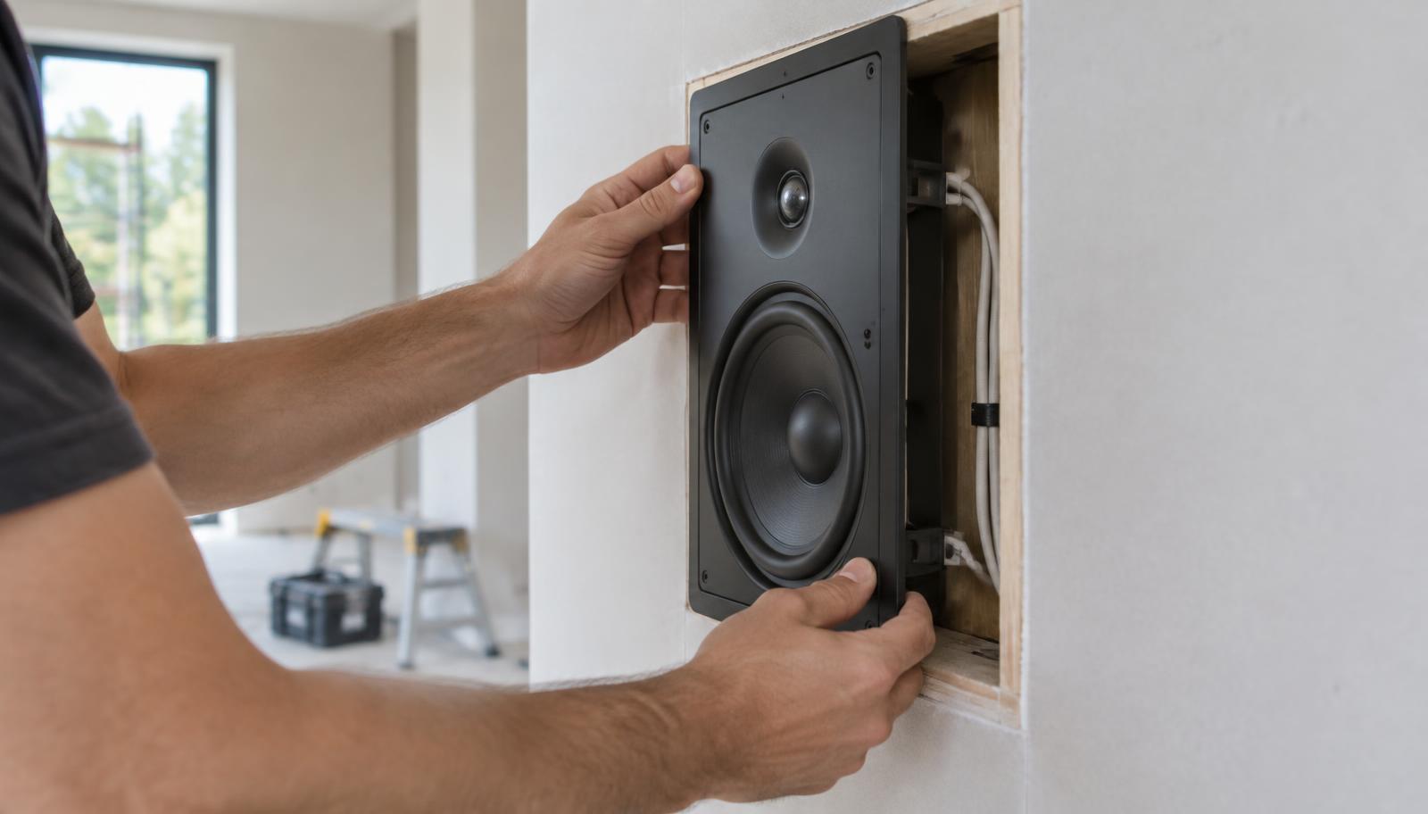 AV engineer fitting a flush in-wall speaker into a prepared wall cavity