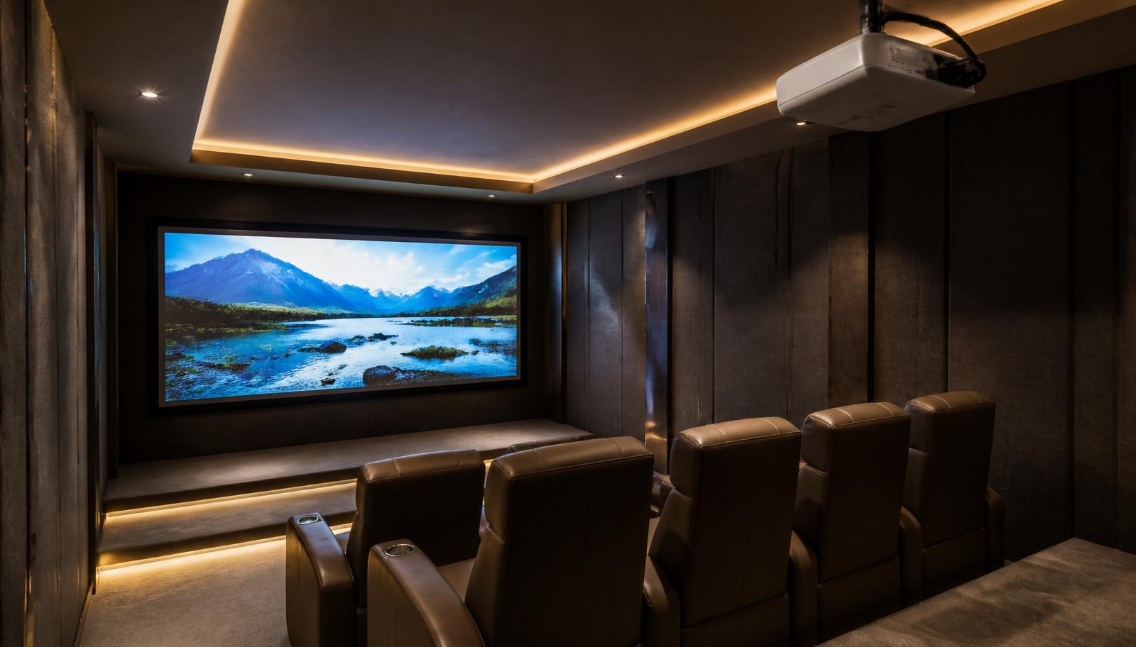Dedicated home cinema room with a large projected image and acoustic wall panels
