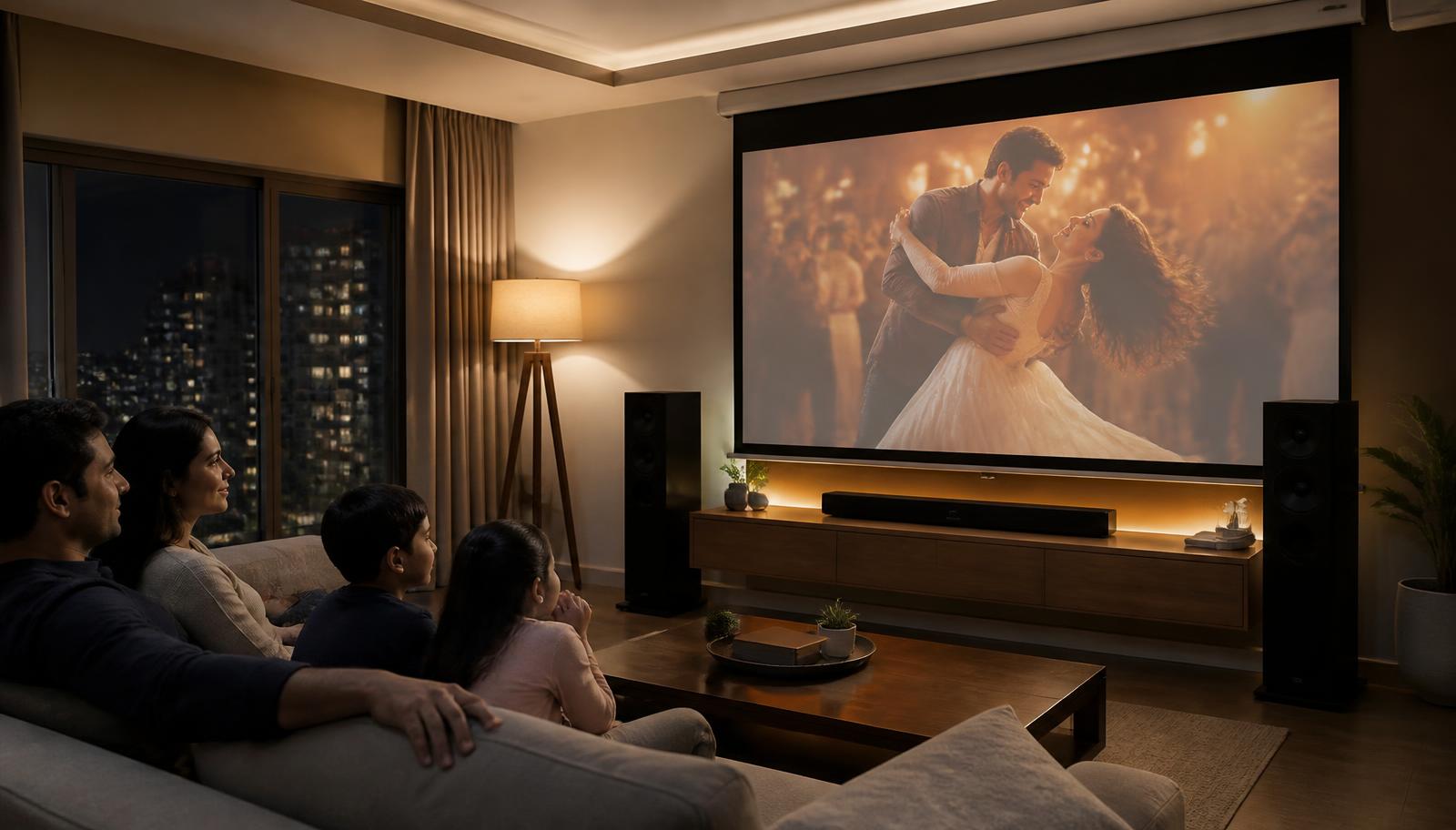 Family watching a large projected image in an Indian apartment living room at night