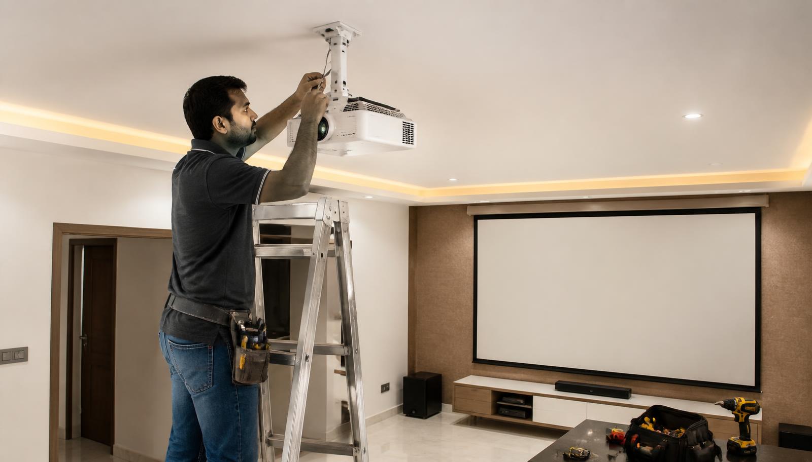 AV technician ceiling-mounting a projector with concealed cabling in a home