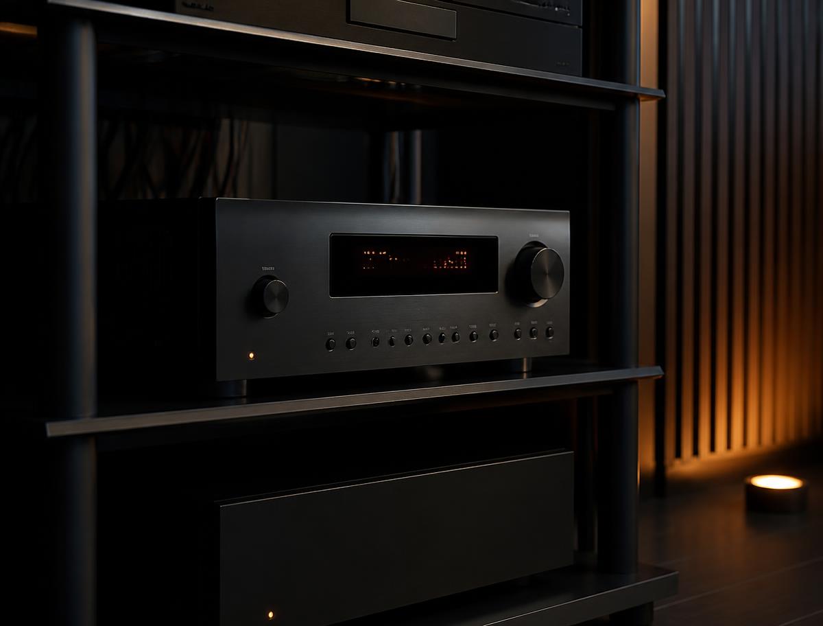 AV receiver and amplifier stack in a home theatre equipment rack