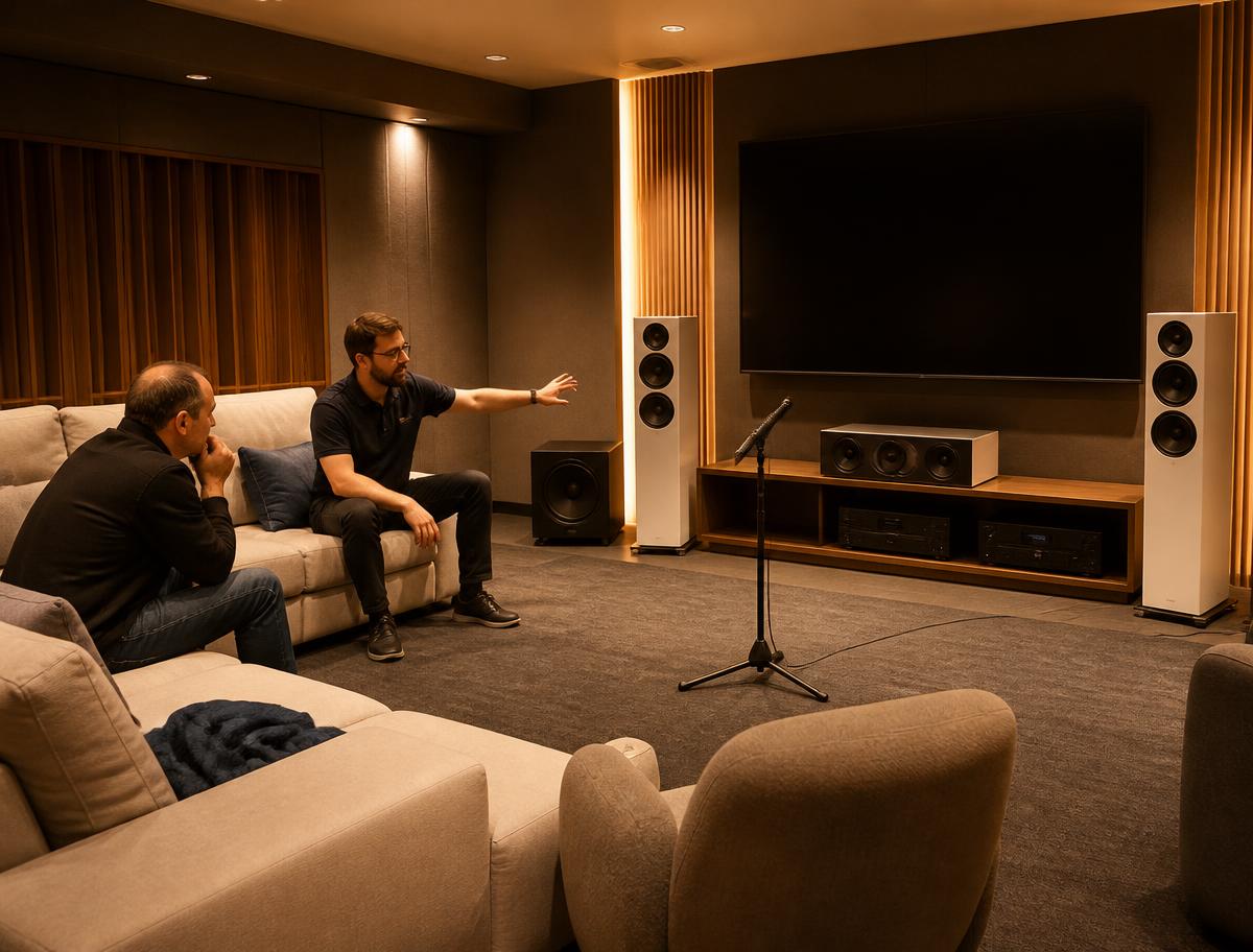 LiveInSmart engineer explaining speaker placement to a customer in a home cinema demo room