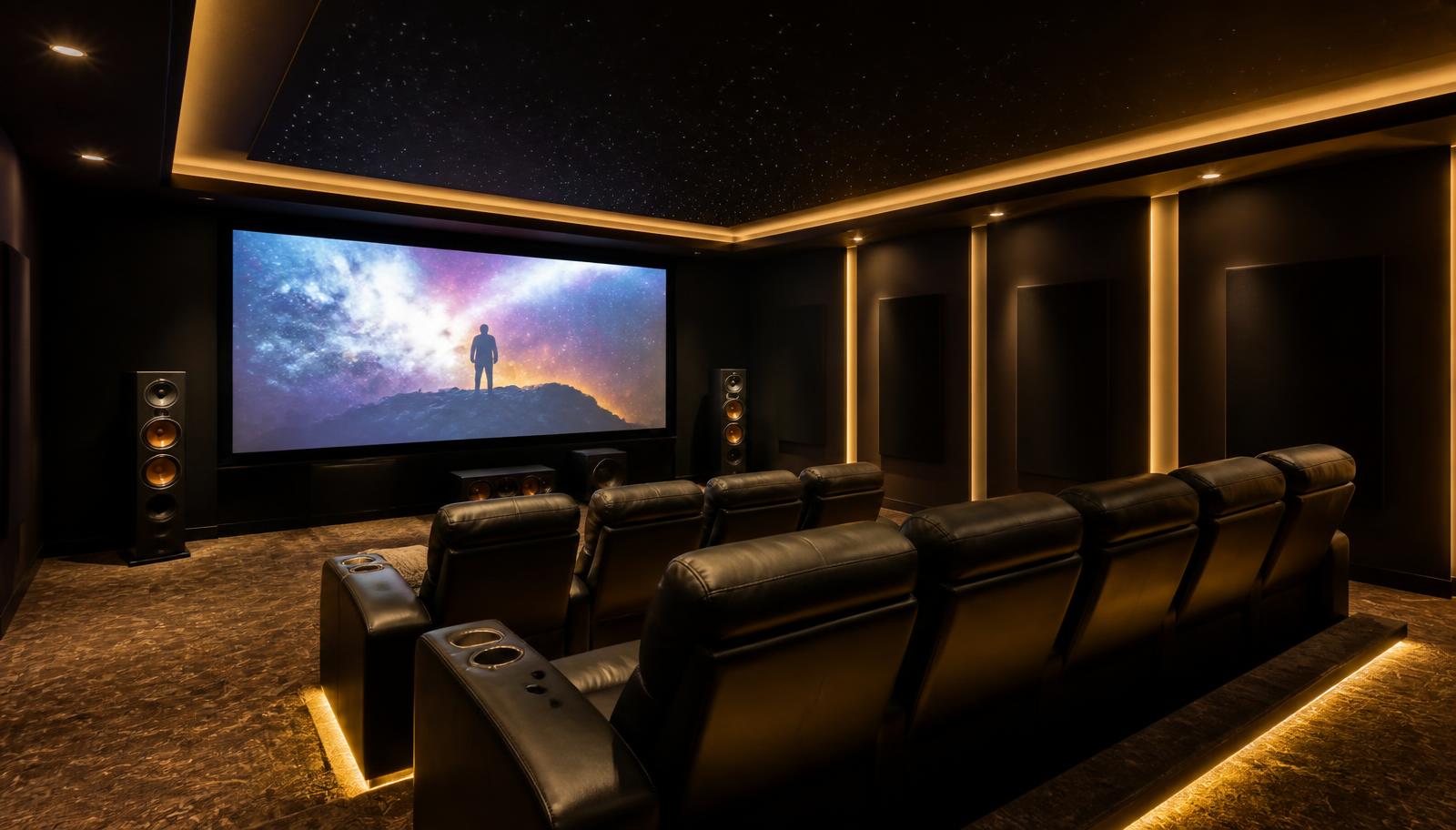 Luxury home theatre room with tower speakers, in-ceiling Atmos speakers and a large 4K projection screen
