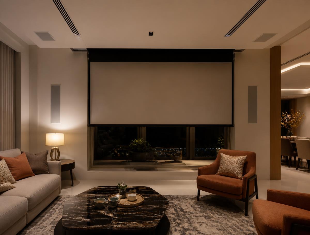Modern living room with in-wall speakers and a motorised projector screen