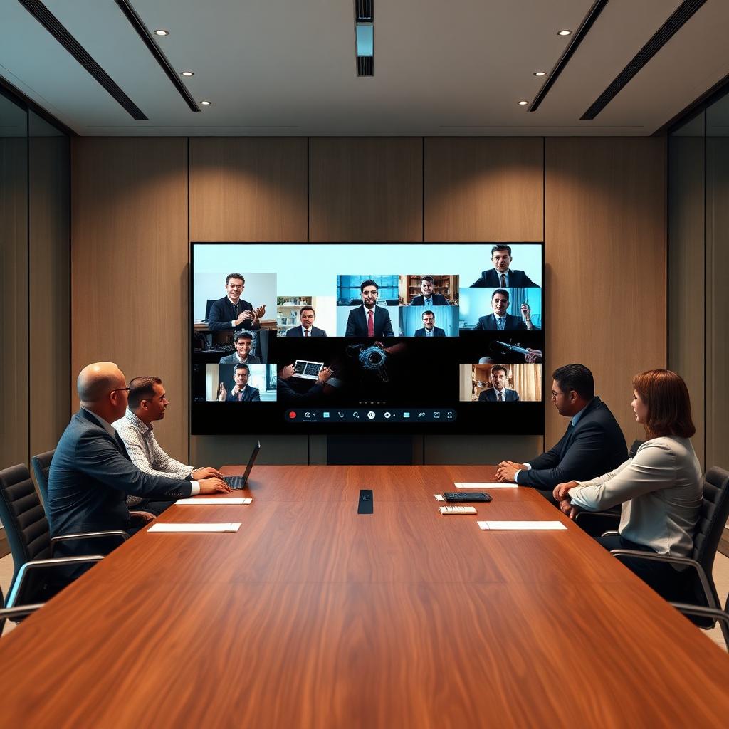 75-inch interactive flat panel in a corporate boardroom running a wireless video conference