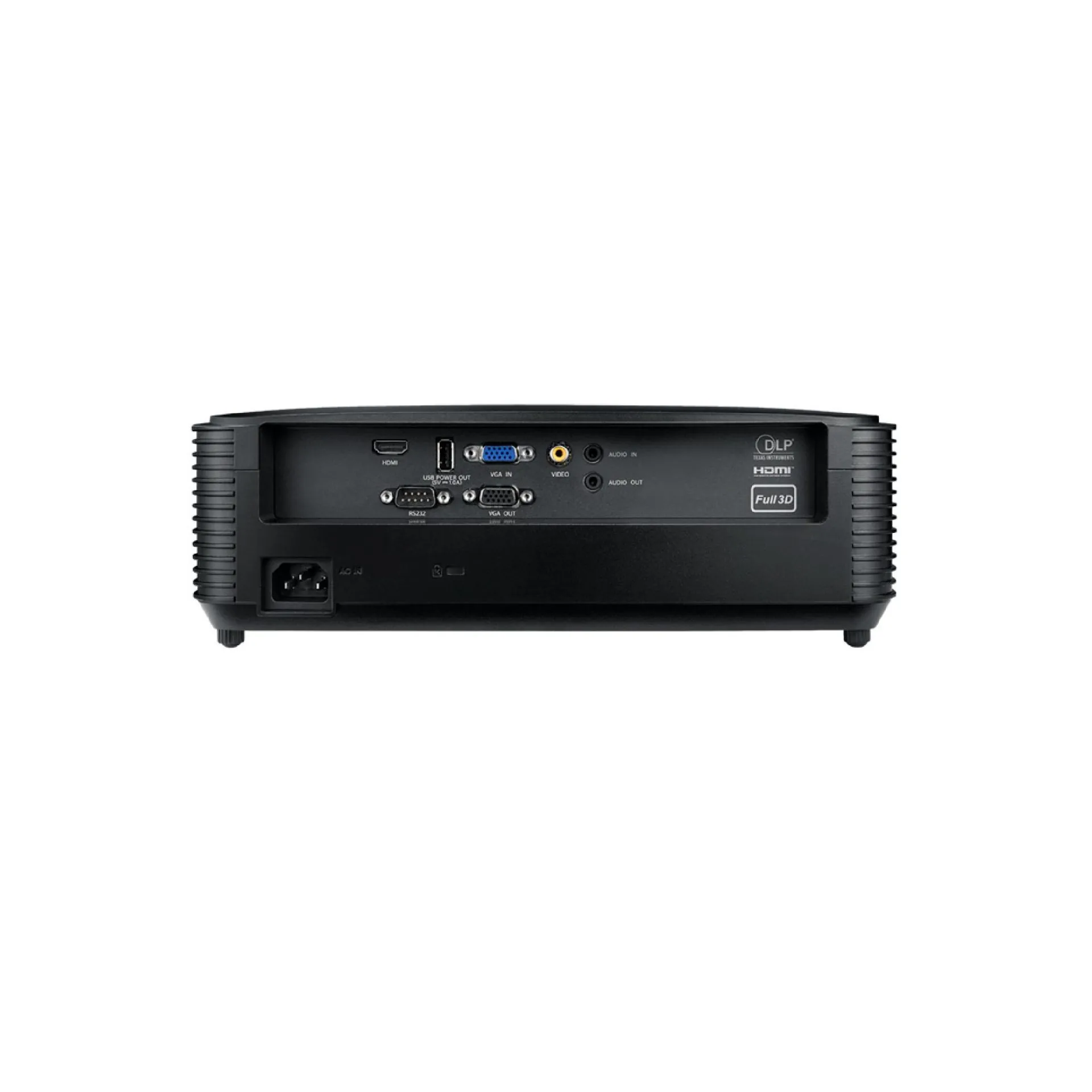 Optoma X400LVe projector rear I/O — HDMI, VGA in/out, USB power, RS232, composite video, 3.5 mm audio in/out