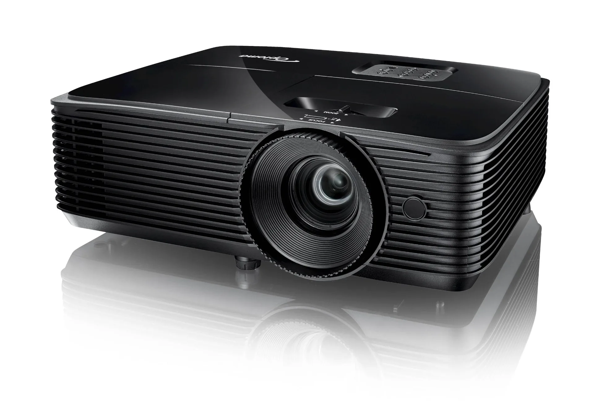 Optoma X400LVe projector side view showing focus and zoom rings and ventilation grille