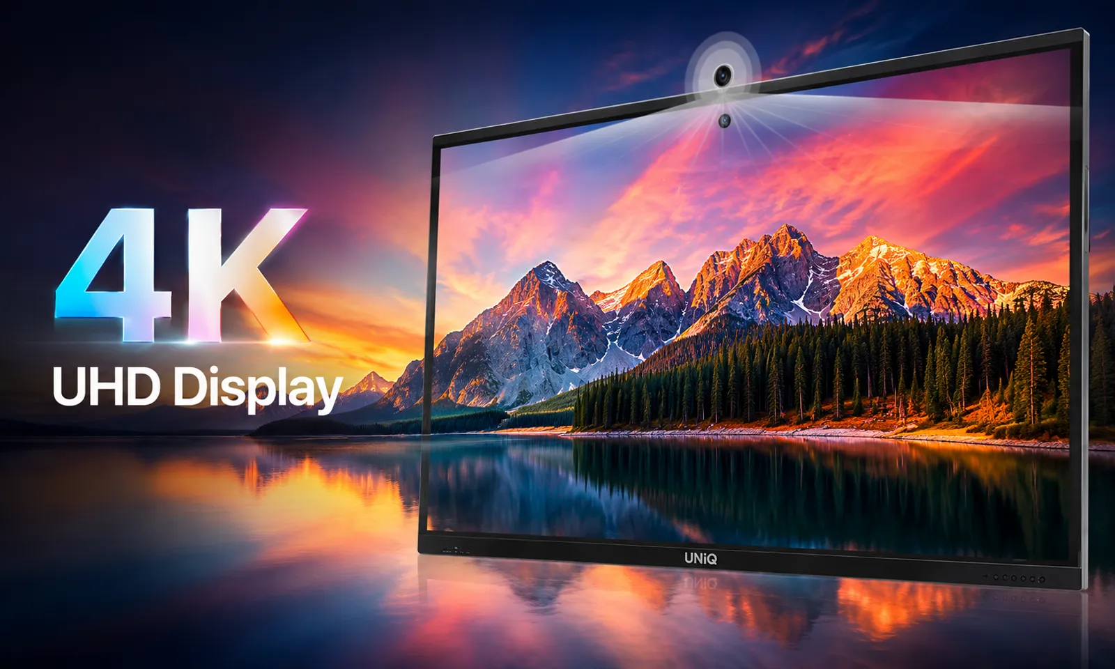 100 inch UNiQ interactive display showing 4K UHD landscape image with 178 degree viewing angle