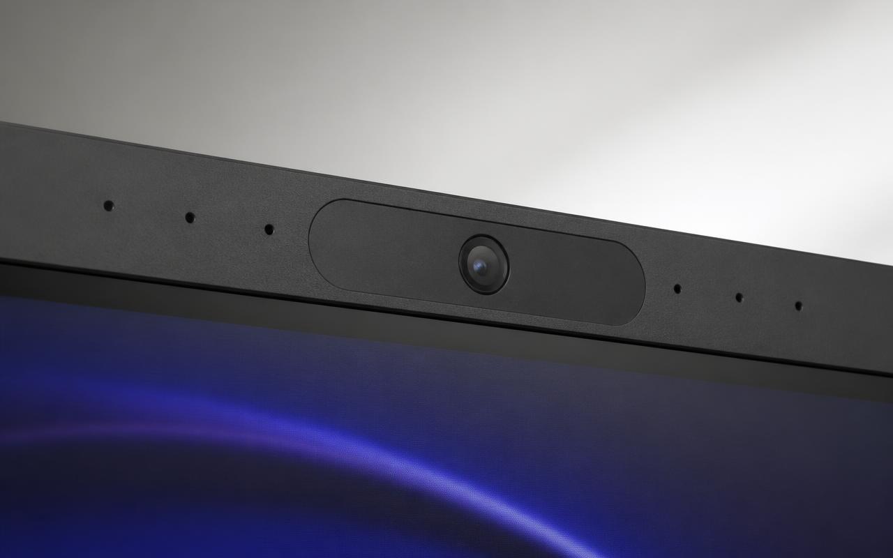 Close-up of the 50MP AI ClearView camera and 8-microphone digital array on the top bezel of a UNiQ ultima interactive display