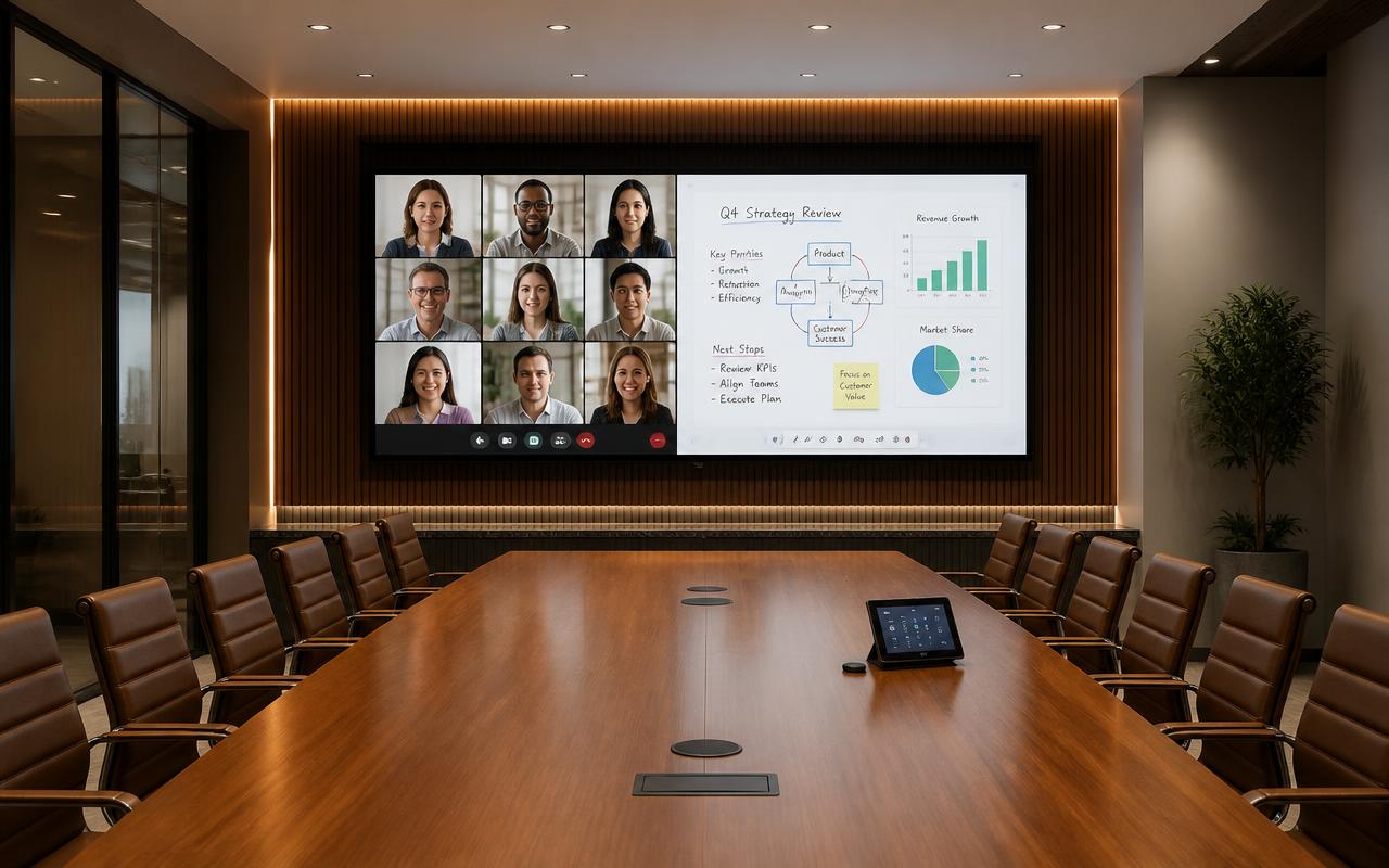Corporate boardroom with a 100 inch interactive display running a video conference grid alongside a shared whiteboard