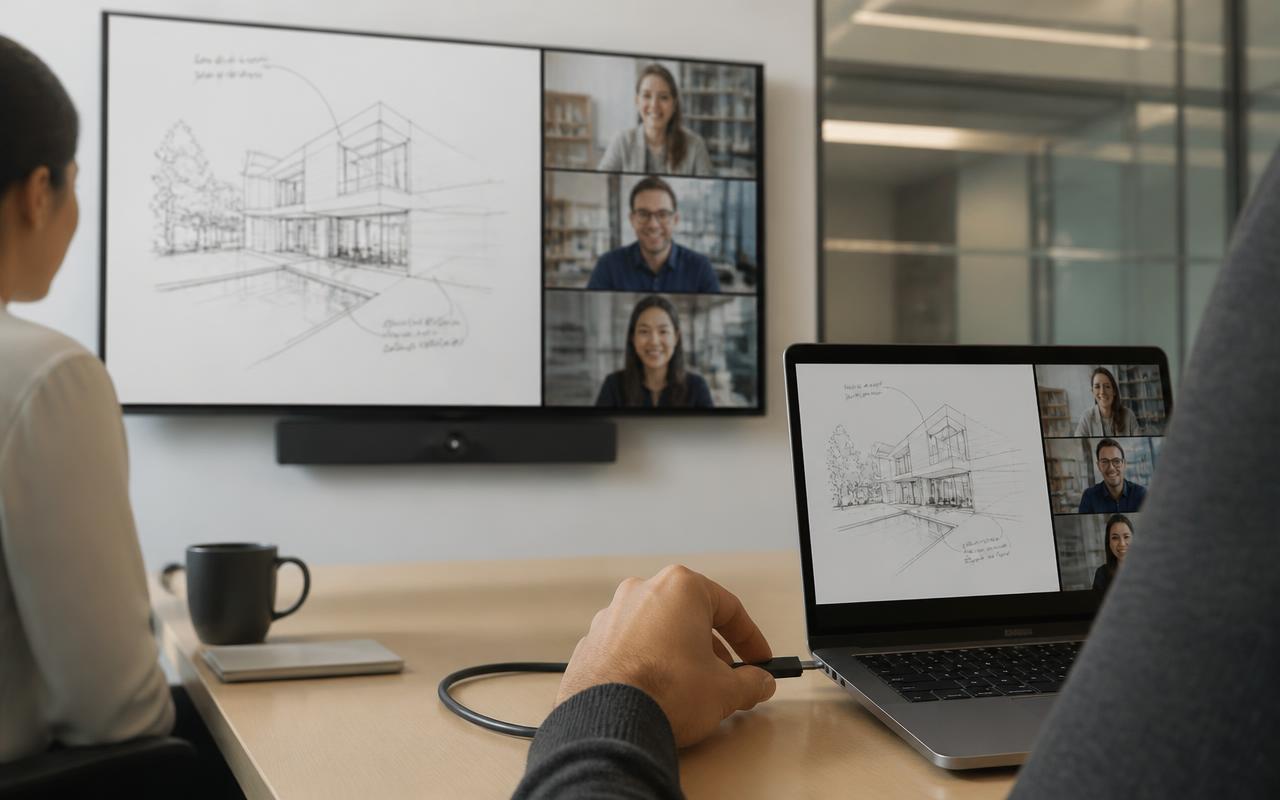 Single USB-C cable connecting a laptop to a 100 inch interactive display for BYOM video conferencing