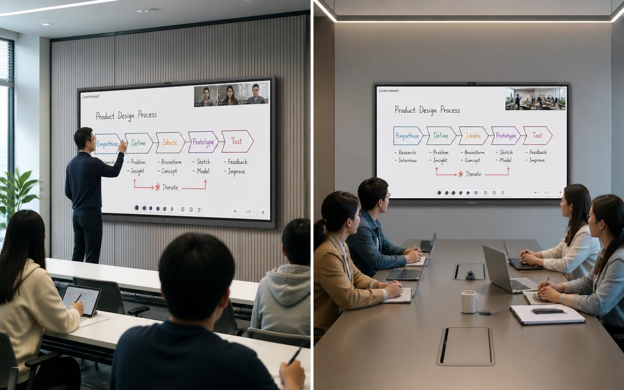 Two 100 inch interactive displays in different rooms running a live Co-board shared whiteboard session with two-way video