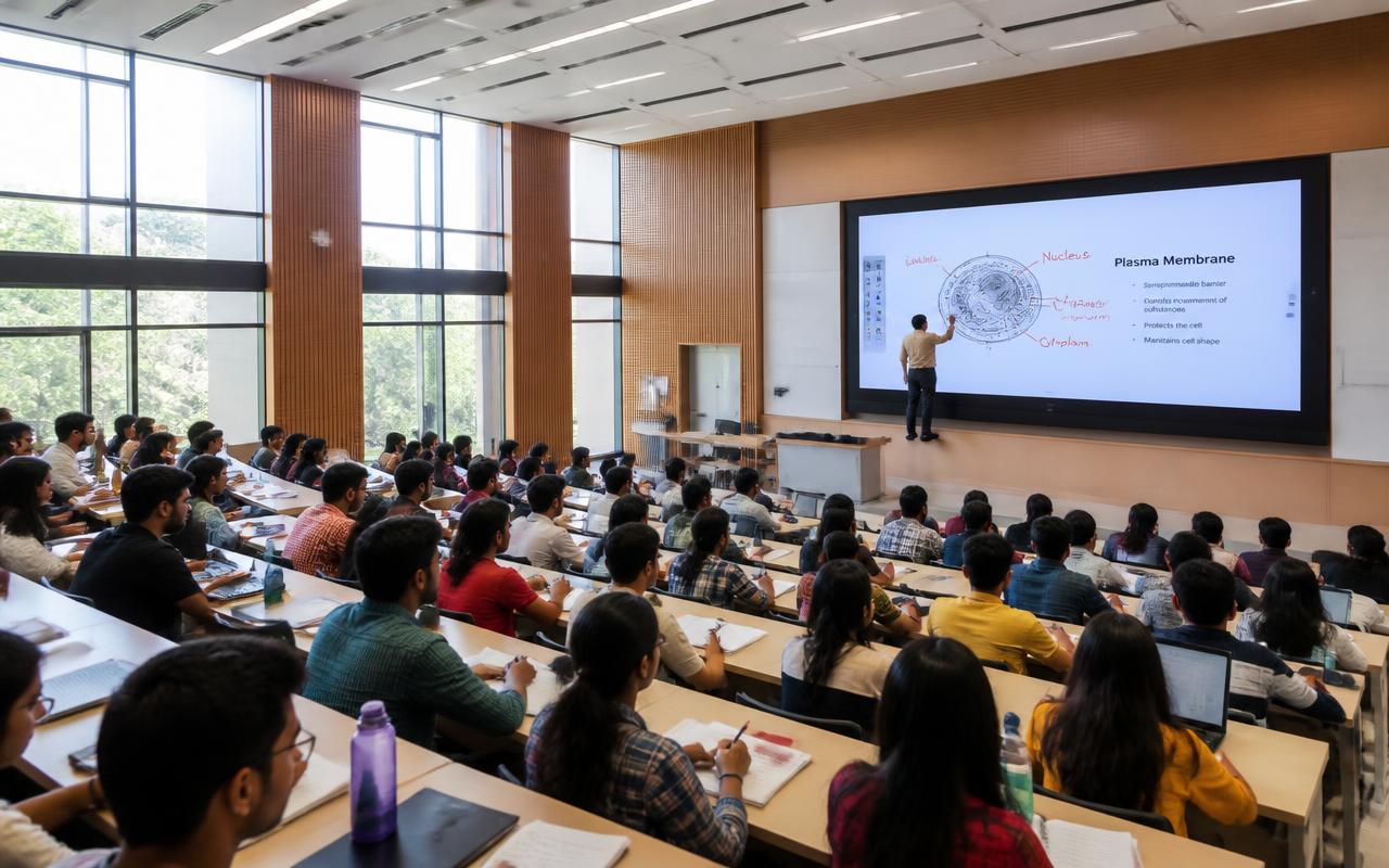 100 inch interactive smart board in a college lecture hall with tiered seating for 100 students in India