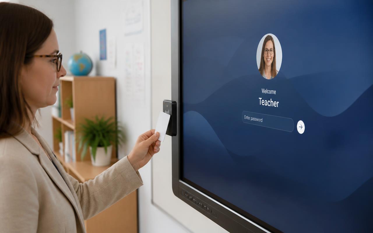 Teacher tapping an NFC card on an interactive display reader to log in to a personal multi-user profile