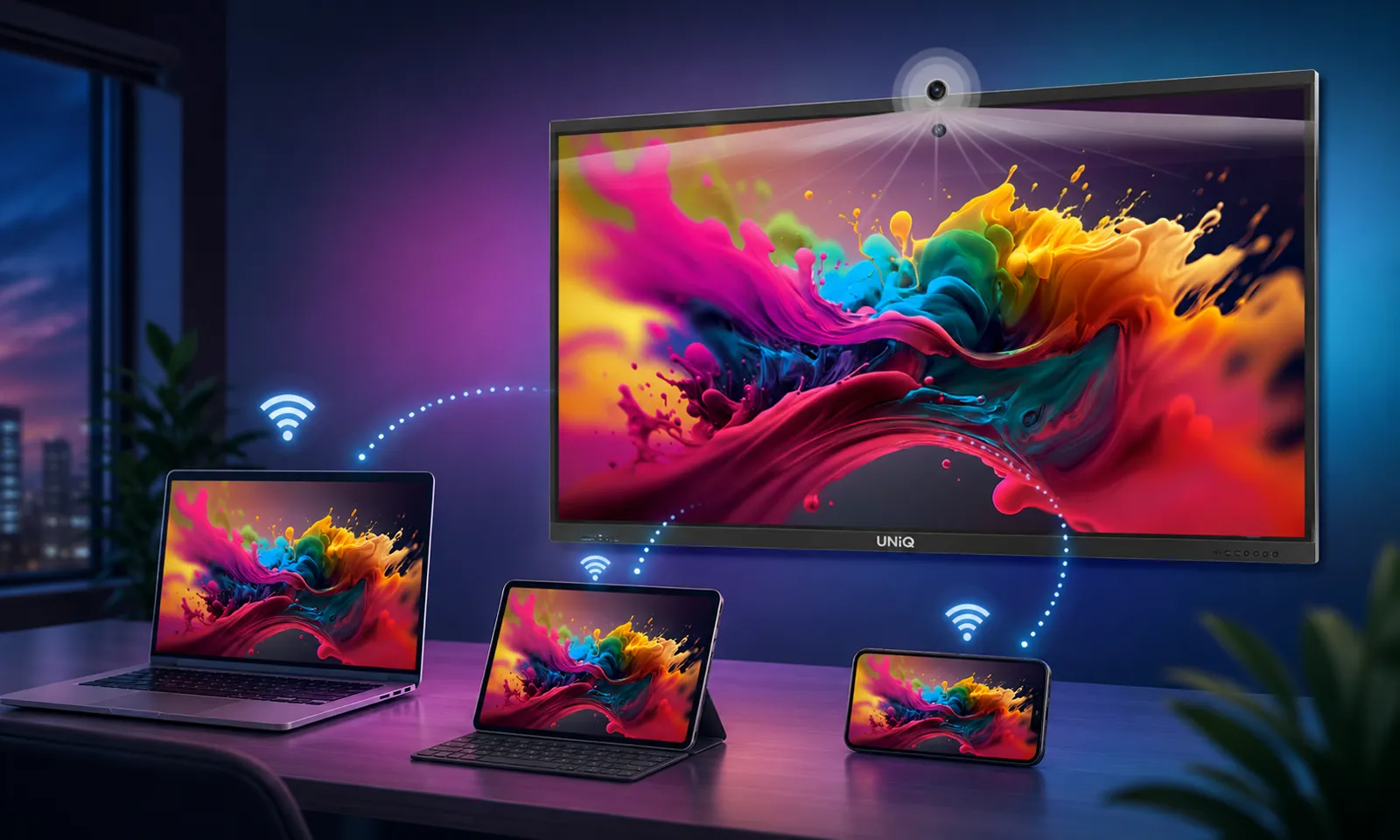 Laptop, tablet and phone casting wirelessly to a 100 inch UNiQ interactive display over Wi-Fi