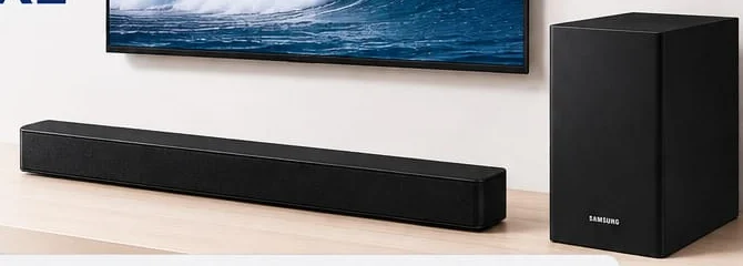 Samsung HW-B67EF/XL soundbar and subwoofer below a TV (rear speakers not pictured)