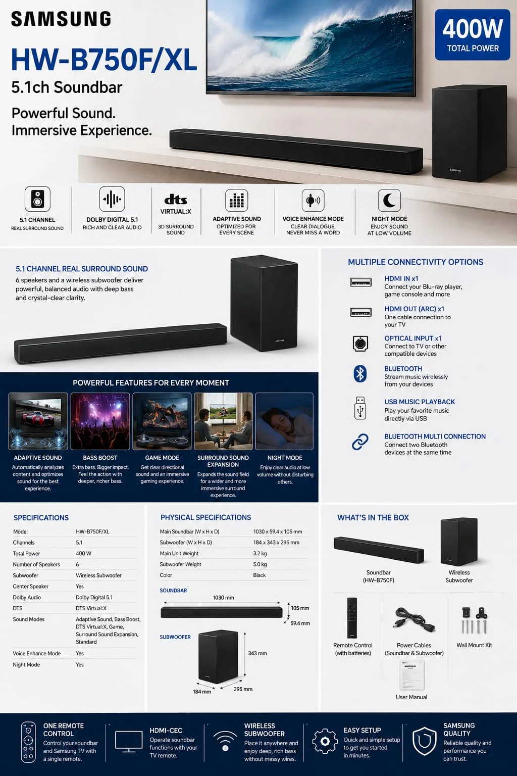 Samsung HW-B750F/XL product sheet with features, connectivity and dimensions