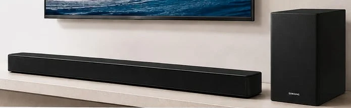 Samsung HW-B750F/XL soundbar and wireless subwoofer beneath a TV