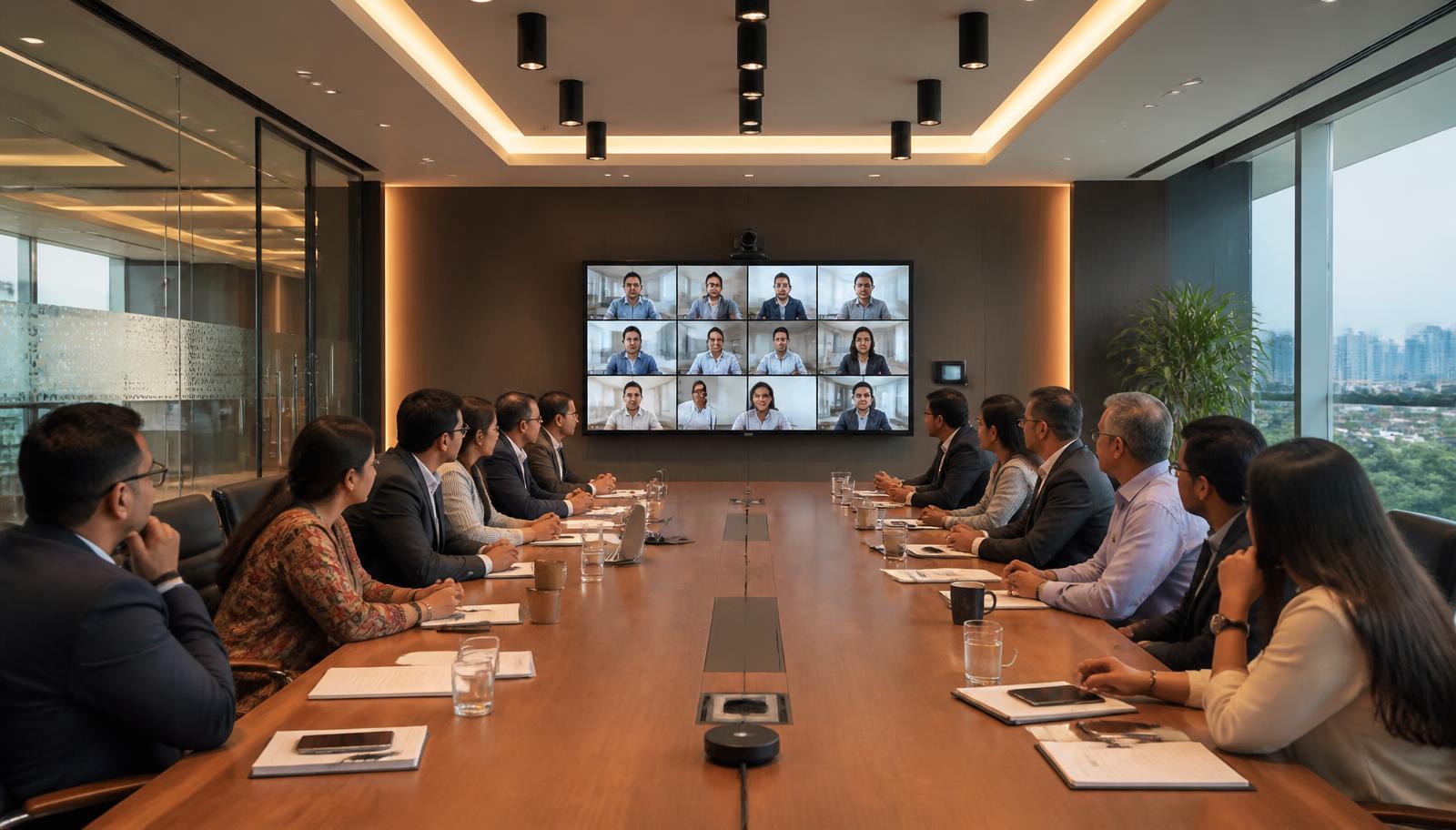 Boardroom with large display and video conferencing
