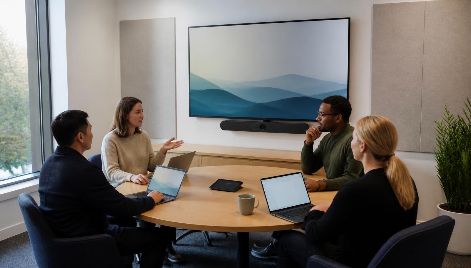 Huddle room with interactive display and video bar