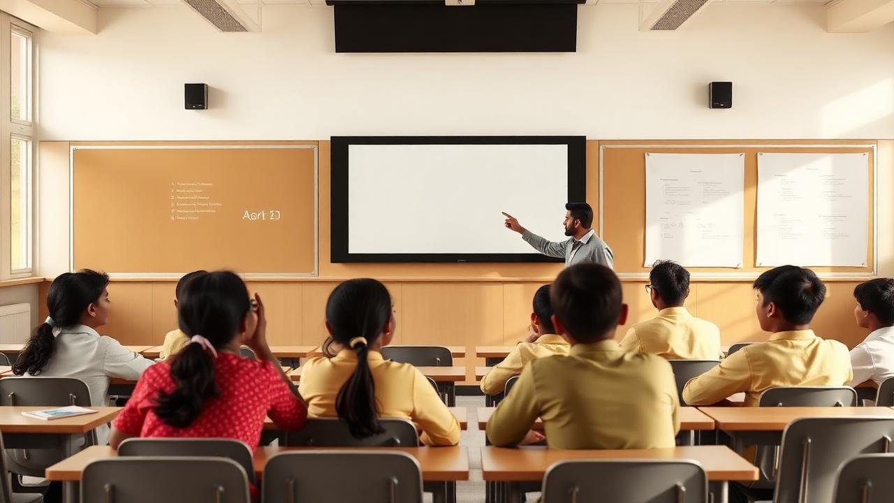 Classroom audio-visual setup with interactive panel